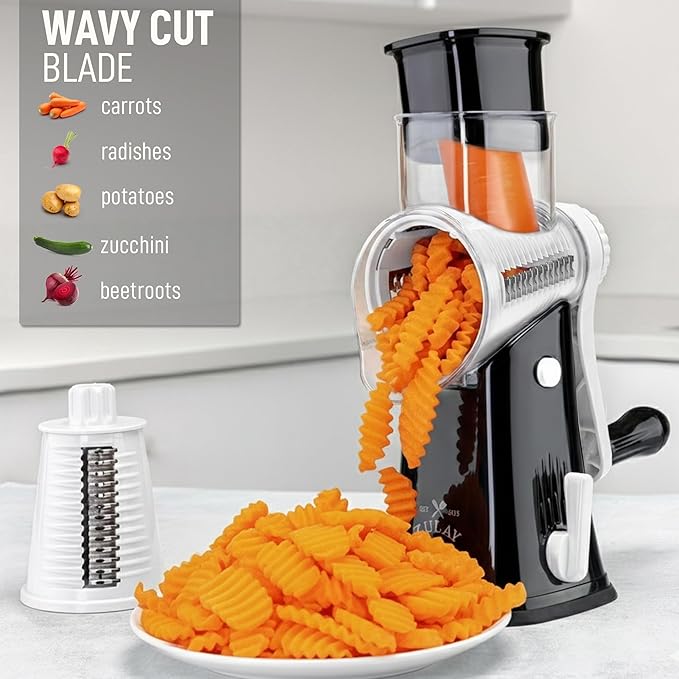 Zulay Kitchen Rotary Cheese Grater 5 Blade Cheese Shredder - Manual Hand Crank Cheese Grater With Reinforced Suction & 5 Interchangeable Drums - Easy to Use, Vegetable Chopper Round Mandoline Slicer