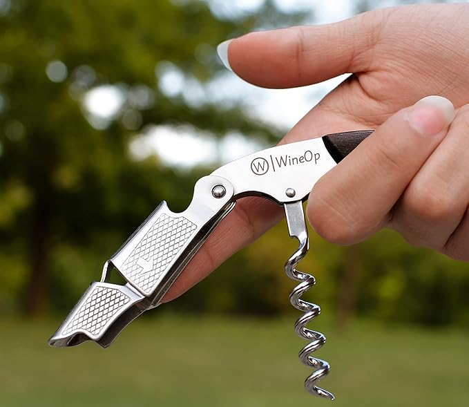 WineOp Professional Wine Opener Luxury Double Hinged Waiter's Corkscrew Wine Bottle Key - Cork screwer for Servers, Bartenders, Sommelier and Home Use | All-In-One Stainless Steel (Ebony Wood Handle)
