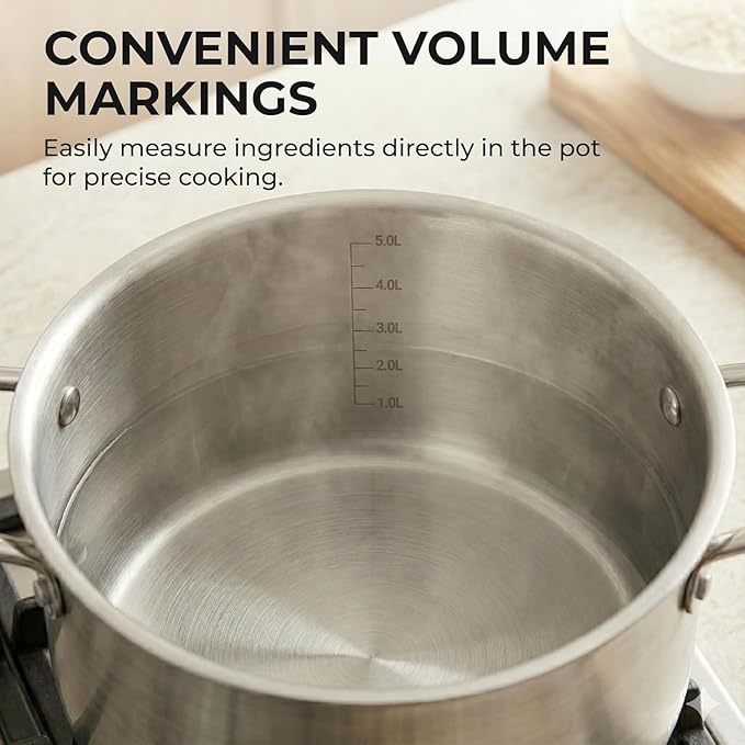 SUNHOUSE 18/8 Stainless Steel Stock Pot - 6.5 Quart Heavy-Duty Induction Cooking Pot with Visible Lid for Pasta, Soup, Spaghetti - Nonstick Thick-Bottom Deep Stockpot