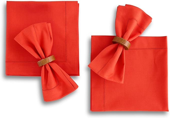 Solino Home Cotton Linen Napkins Set of 4 - Hemstitch Poppy Red Dinner Napkins Cloth 20 x 20 Inch for Valentines, New Year - Handcrafted and Machine Washable