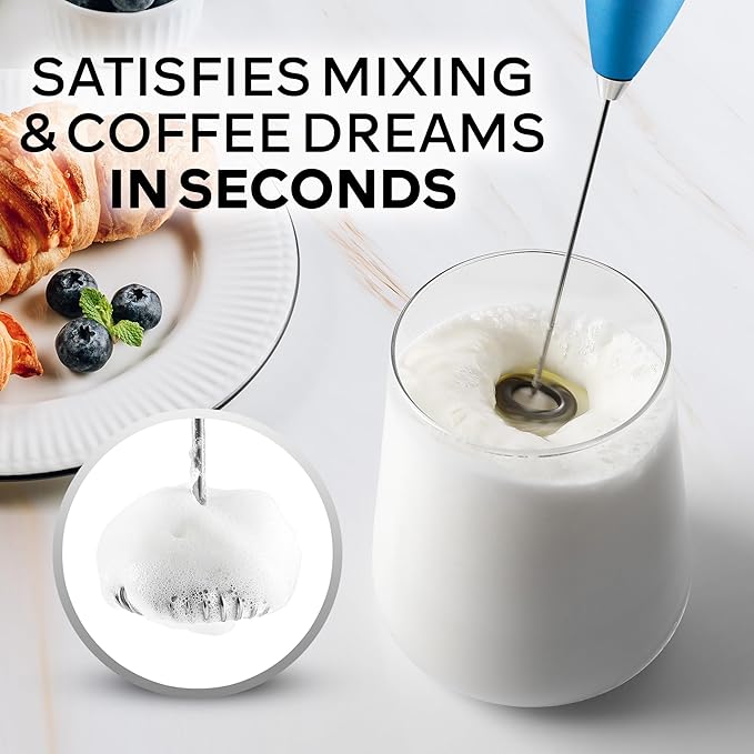 Zulay Kitchen Powerful Milk Frother Wand With 4 AA Duracell Batteries - Ultra Fast Handheld Drink Mixer - Electric Whisk Foam Maker for Coffee, Lattes, Cappuccino, Matcha & Creamer - Metal Blue