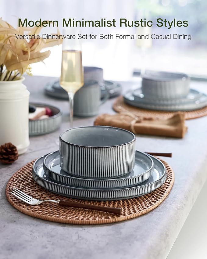 Famiware Star 18-Piece Reactive Glaze Plates and Bowls Sets, Service for 6 - Stoneware Dinnerware with Trim, Modern Rustic Dishes, Chip & Scratch Resistant, Microwave & Dishwasher Safe, Smoky Blue