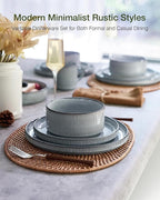 Famiware Star 24-Piece Plates and Bowls Set with Trim, Service for 8 - Stoneware Reactive Glaze Dinnerware, High Edge Ribbed Dishes, Chip & Scratch Resistant, Microwave & Dishwasher Safe, Smoky Blue