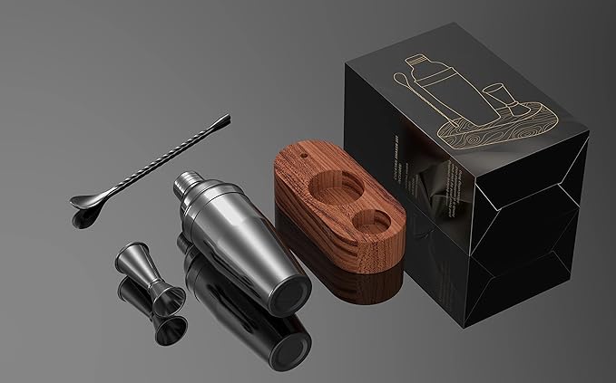 LUCKYGOOBO Cocktail Shaker Set,24 oz Martini Shaker,Bartender Kit with Stand,Stainless Steel Martini Mixer Built-in Strainer,Bar Tool Set,Drink Shaker,Fun Gifts. (Black)