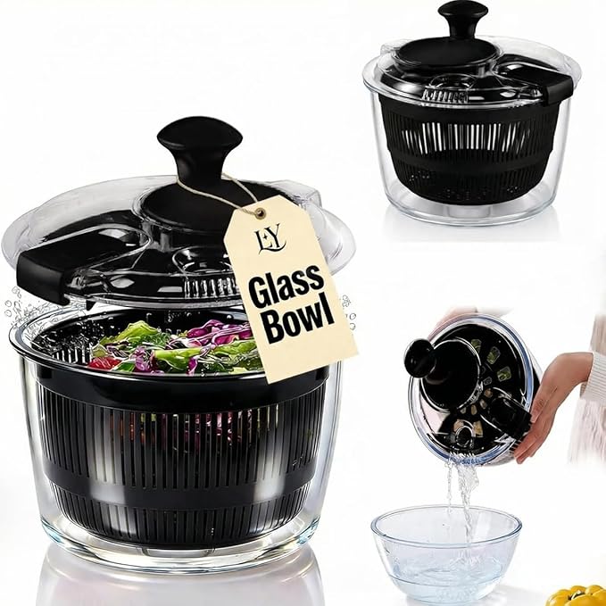 Good Girps 3.2 Qt Glass Salad Spinner Small Vegetable Dryer with Drain Microwave Safe Dishwasher Safe with Transparent Lid Crank Handle Quick Spin Greens Washer for Lettuce Herbs Fruits