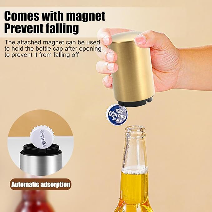 Automatic Bottle Opener Bottle Cap Opener Beer Bottle Opener Destapadores de Cerveza, Down-Pop Off Beer Bottle Openers with Magnetic Cap Catcher, Home Bars Kitchen Cool Bartender Tools（Gold）