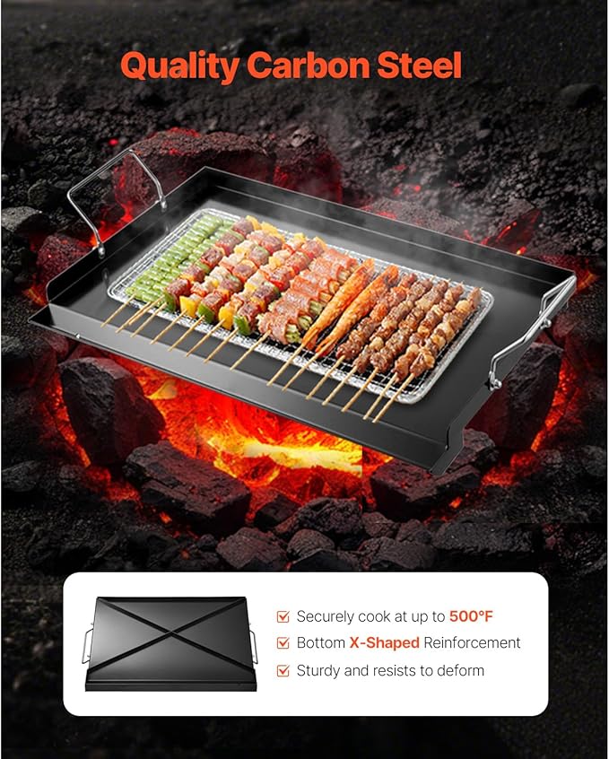 VEVOR Carbon Steel Griddle, Flat Top Plate, Griddle for BBQ Charcoal/Gas Gril with 2 Handles, Rectangular Flat Top Grill with Extra Drain Hole for Tailgating and Party