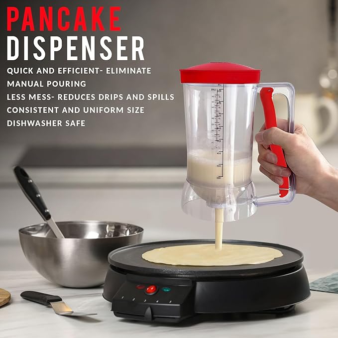 Eggssentials Griddle Breakfast Kit Compatible with Blackstone Griddle, Pancake Batter Dispenser, Bacon Press, 4 Egg Rings & Stainless Steel Spatula - Best for Indoor-Outdoor Cooking.