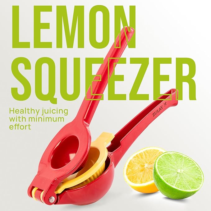 Zulay Kitchen Metal 2-in-1 Lemon Squeezer - Sturdy Max Extraction Hand Juicer Lemon Squeezer Gets Every Last Drop - Easy to Clean Manual Citrus Juicer - Easy-Use Lemon Juicer Squeezer - Red/Yellow