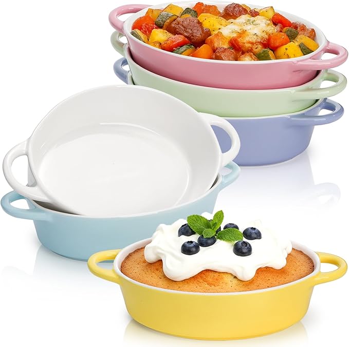 Foraineam 6 Pack Oval Au Gratin Baking Dishes with Handles, 20 oz Porcelain Casserole Dish Single Serving Ramekins for Oven & Microwave Cooking and Baking, 7.2" x 5.5", Oven Safe Roasting Lasagna Pan