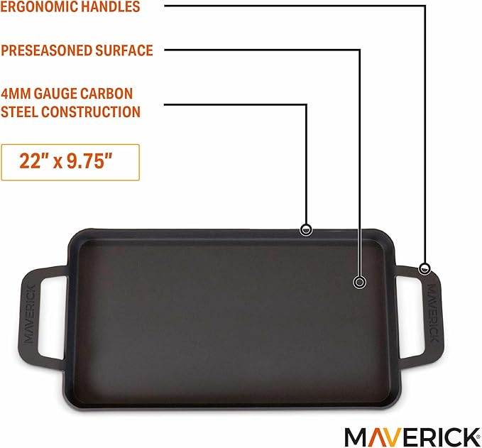 Maverick 22-Inch Preseasoned Carbon Steel Griddle, 4mm Heavy-Duty Flat Top Grill Pan with Raised Edges & Integrated Handles