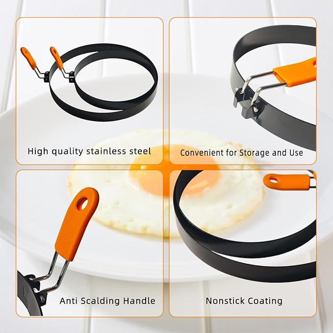 4 Pcs 6" Egg Ring 8" Pancake Mold Stainless Steel Non-stick Omelette Ring with Silicone Handle Egg Mold for Breakfast Sandwiches (Silicone Oil Brush Eggs Strainer)