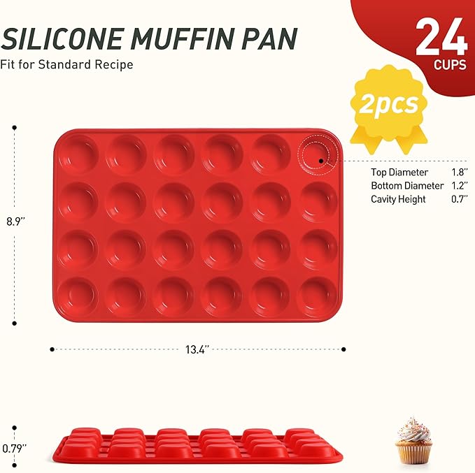 Socisen 2 Pack 24 Cups Silicone Mini Muffin Pan with Metal Reinforced Frame Silicone Molds Cupcake Cake Baking Cheesecake Pans Cookie Baking Chocoflan Cupcake Mold Mini Bundt Cake Pan Women Gift