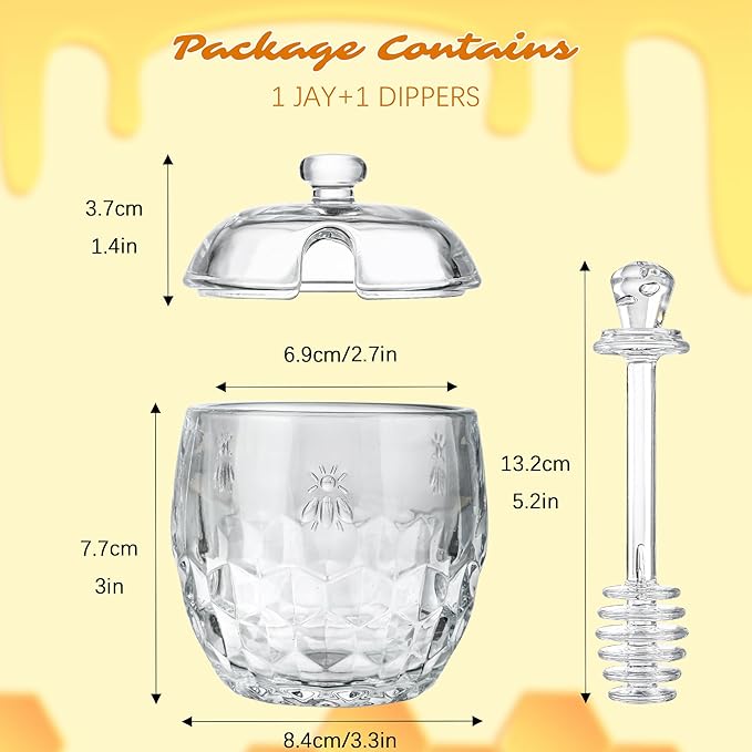 kanpura Honey Pot with Dipper and Lid Glass Honey Jar with Dipper Wide Mouth Honey Containers Airtight Syrup Honey Dispenser for Christmas Home Kitchen(7.5 OZ)