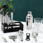 Mifoci 28 Pcs Bartender Kit, Mixologist Bartender Kit Garnish Tray with Lid Bar Caddy and 3 Tier Glass Rimmer, 17 Pcs Margarita Cocktail Shaker Set with Wooden Base for Home Bar Gift Set(PVA Plastic)