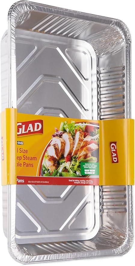 Glad Disposable Full Size Aluminum Steam Pans, Deep Heavy Duty Foil Pans for Steaming, Baking, Roasting, Catering & Oven Reheating, Fits 2 Half Pans, 20.5 x 12.5 x 2.75 Inch, 2 Count