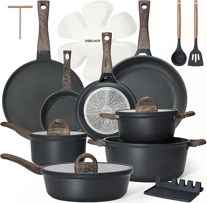 Pots and Pans Set Nonstick 22 Pcs, Ceramic cookware set Non-Toxic CoatingGray Granite Kitchen Cookware Set, Induction Kitchen Cooking Set w/Frying Pans, Saucepans & Glass Lids, PFOS & PFOA Free