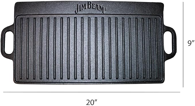 Jim Beam Pre Seasoned Heavy Duty Construction Double Sided Cast Iron Griddle Pan with Superior Heat Retention, 20"x1"x9", Black (JB0168)
