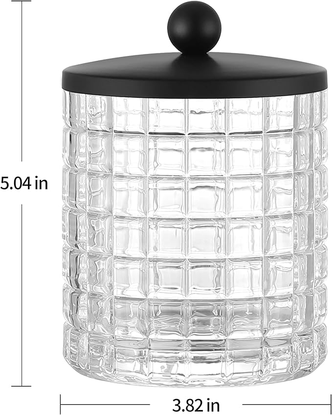 Glass Cotton Jar Holder Matte Black Lid, Elegant Bathroom Storage Canister for Qtips, Cotton Balls, Floss, Makeup Organizer, Vanity Bathroom Organization
