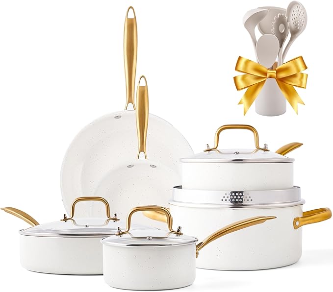Pots and Pans Set - VONIKI Nonstick Granite Cookware Set, Gold Kitchen Cookware Sets, Non Toxic Cooking Pot Set, PFOA Free, Oven & Dishwasher Safe - Ideal Gift for Home Chefs
