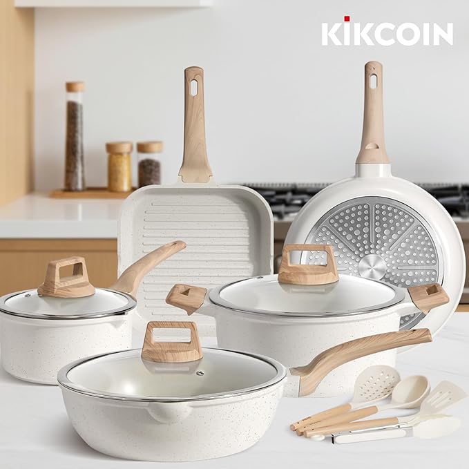 Kikcoin 16Pcs Ceramic Pots and Pans Set Non Stick, Includes a 9.5" Grill Pan, Induction Kitchen Cookware Sets, White Nonstick RV Kitchen Camping Cooking Sets Stackable (PTFE, PFOS, PFOA Free)