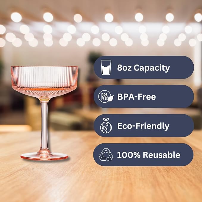 Khen Shatterproof Acrylic Ribbed Vintage Art Deco Martini, Champagne & Cocktail Coral Peach Pink Plastic Coupe Glasses | Set of 2 | 8 oz Ripple Glassware Indoor & Outdoor Gift