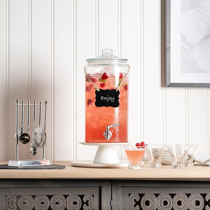 2 Gallon Beverage Dispenser with Stainless Steel Spigot + Marker & Chalkboard 100% Leakproof Glass Drink Dispenser for Parties with Spout, Airtight Beverage Serveware for Water Juice Laundry
