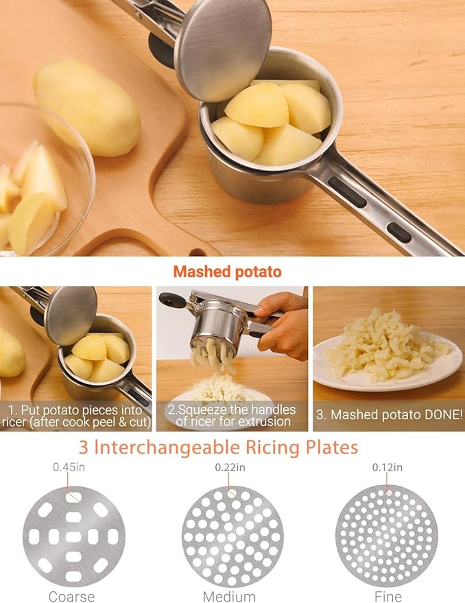Potato Ricer, Stainless Steel Fruit and Vegetables Masher Food Ricer Large Capacity with 3 Interchangeable Discs & Inner Cup