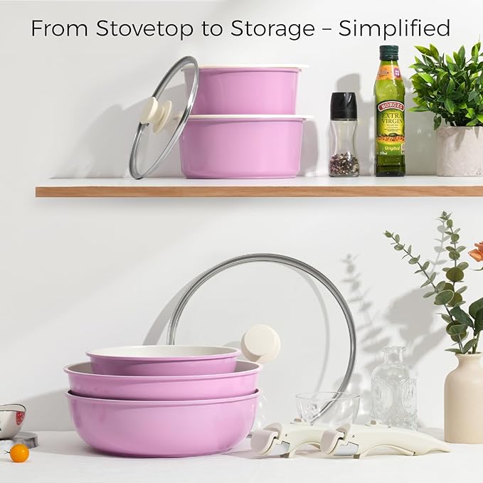 SODAY 15Pcs Pots and Pans Set Non Stick, Cookware Sets with Detachable Handle, Nonstick RV Kitchen Cooking Tools Removable Handles, Oven Safe, Induction Fast, Stackable Induction Cookware, Pink