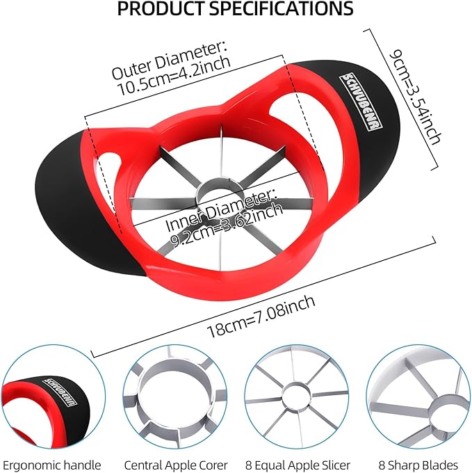 SCHVUBENR 3.5 Inch Apple Slicer - Professional Apple Cutter - Stainless Steel Apple Corer - Super Sharp Apple Slicer and Corer - Apple Tool with 8 Sharp Blades(Red)