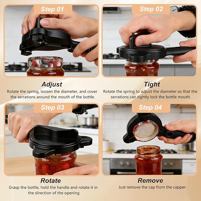 Multi-Functional Retractable Jar & Bottle Opener, Magnetic Stainless Steel Can Opener with Ergonomic Handle, Friendly Kitchen Gadget (black)