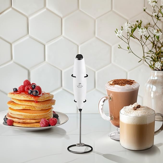 Zulay Kitchen Powerful Milk Frother Wand With 4 AA Duracell Batteries - Ultra Fast Handheld Drink Mixer - Electric Whisk Foam Maker for Coffee, Lattes, Cappuccino, Matcha & Creamer - White & Black