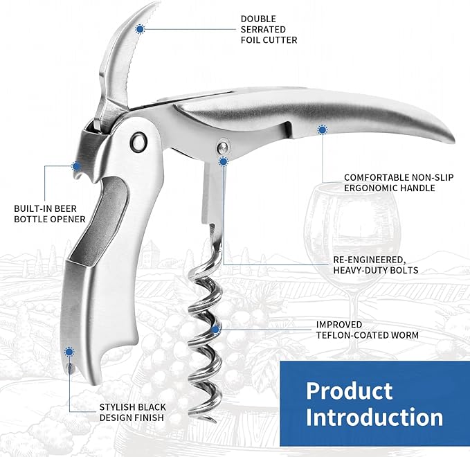 Sleek Waiter’s Corkscrew by ELMWAY - Stainless Steel Manual Wine Opener with Foil Cutter & Beer Bottle Opener, Portable & Durable Wine Key with Pouch, Wine gift for Wine Lover