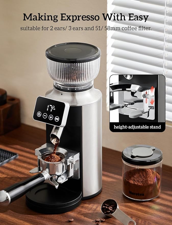 Neretva Espresso Grinder, 2 in 1 Professional Coffee Bean Grinder Stainless Steel Suit 51~58mm Portafilter Burr Coffee Grinder 30 Precise Setting&Anti-Static for Espresso/French Press/Drip/Moka-Silver