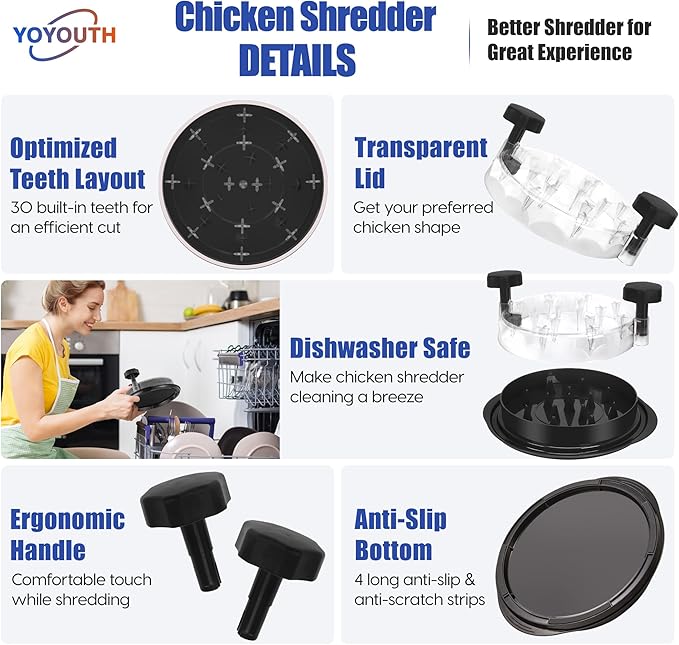 Chicken Shredder Tool Twist: 2026 Pro Food-Grade Visible Meat Shredder with Strong Anti-Slip Base, Ergonomic Handle, Chicken Breast Shredder, Suitable for Pork Beef Chicken - Black