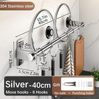 Hanging Wall Mount knife Wall Mount, Kitchen Organizer Storage Shelf for Utensils Spatula Spoon, Space-Saving Knife Rack with Hooks,Wall-Mounted Utensil Holder (Silver, 40CM+Single Pole+6Hooks)