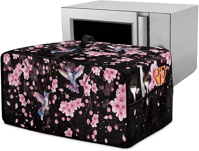 Hummingbird Cherry Blossom Print Toaster Oven Cover, Heat-Resistant Toaster Cover Dust-Proof Microwave Oven Protector, Protections for Kitchen, Black, (Medium-16.1*19.71*10 inches)
