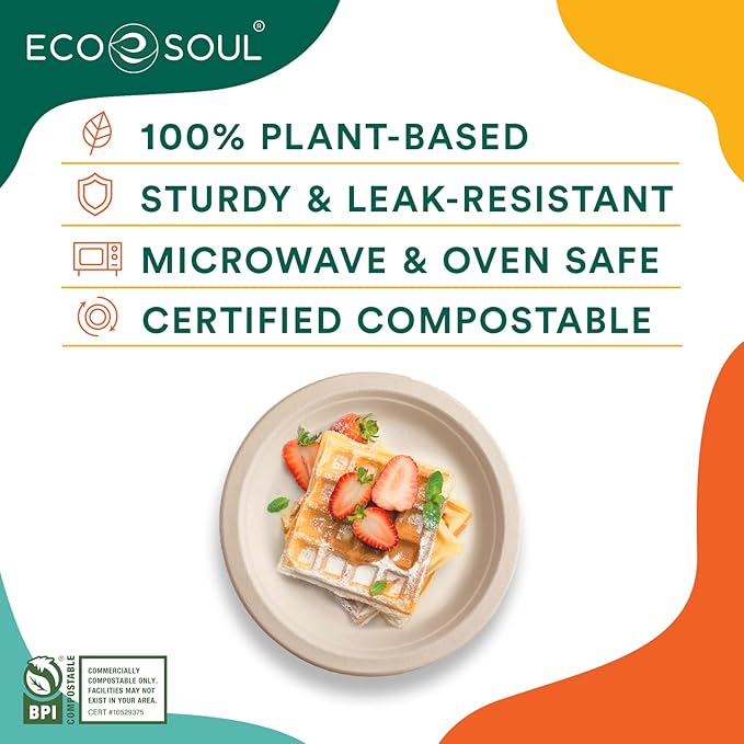ECO SOUL Compostable 9 Inch(100-Pack) Biodegradable Disposable Paper Plates | Eco-Friendly Dinner, Party, Wedding, Event (100)