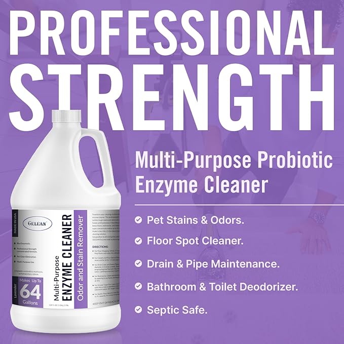 Multi-Purpose Probiotic Enzyme Cleaner, Made in USA - Pet Stain and Odor Remover - Concentrated - Professional & Home Strength Drains, Floors, Bathrooms, Toilets Trash Can, (1 gallon, Lavender)