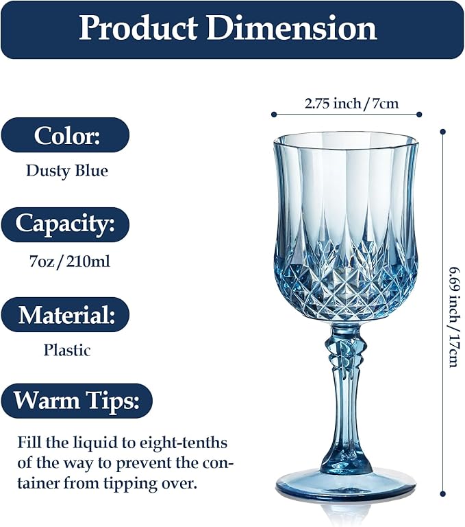 XUWAIDSGN 7oz Plastic Vintage Wine Glasses Drinking Glasses Unbreakable Wedding Glassware Crystal Water Goblets Reusable Drinkware Vintage Champagne Flutes (48, Blue)