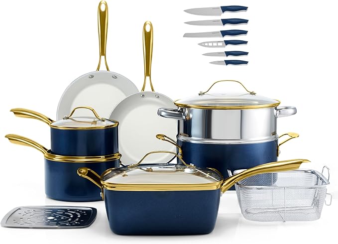 Gotham Steel 20pcs Pots and Pans Set Non Stick Ceramic Cookware Set with Deep Frying Pan Set & 6pc Knife Set, Improved Ti-Cerama Coating Made without PFOA PFOS Lasts 2x Longer, Oven & Dishwasher Safe