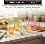 Khen Ribbed Textured Glassware | 8 Piece Set with 4 Highball 12.85oz and Lowball 9.13oz Tumblers Durable Reusable Water Juice Soda Iced Coffee Cocktail Lemonade Cups Dishwasher Safe