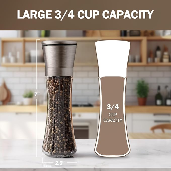 HOME EC Original Stainless Steel Salt or Pepper Grinder 1pk - Adjustable Ceramic Sea Salt Grinder or Pepper Mill - Tall Glass Spice Shaker - Spice Mill w/Ebook (Bronze)