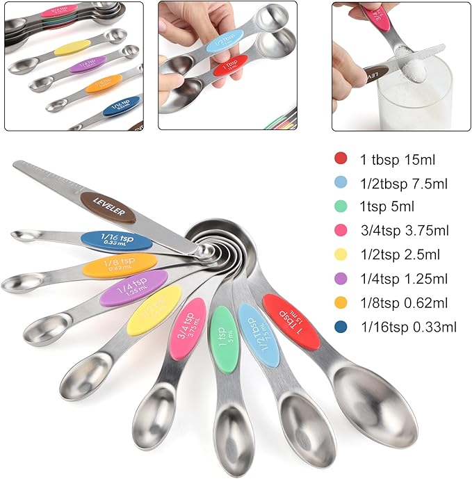 Magnetic Measuring Spoons Set Stainless Steel Dual Sided Stackable Teaspoon Tablespoon Nesting Measuring Spoon for Measuring Dry and Liquid Ingredients Color