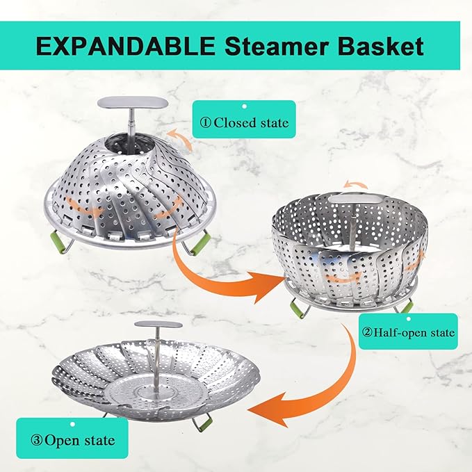 Steamer Basket Stainless Steel Veggie Steamer Basket for Cooking Folding Food Steamer Insert Steaming Basket Adjustable Expandable to fit Various Size Pot (5.1" to 9")