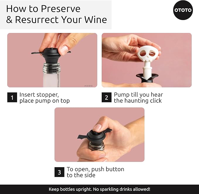 OTOTO New Spookelier Wine Saver Pump and 3 Wine Stopper - Wine Bottle Stoppers for Wine Bottles, Wine Stoppers Vacuum, Spooky Goth Accessories, Fun Skull Halloween Goth Kitchen, Goth Gifts Gadgets