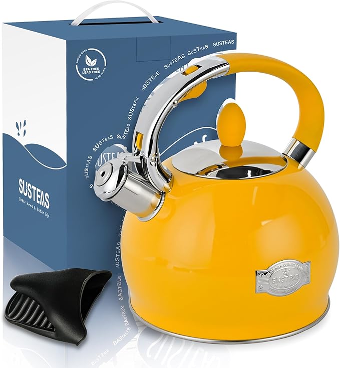 SUSTEAS Stove Top Whistling Tea Kettle - Food Grade Stainless Steel Teakettle Teapot with Cool Touch Ergonomic Handle, With 1 Silicone Pinch Mitt Included, 2.64 Quart,YELLOW