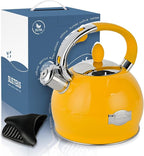 SUSTEAS Stove Top Whistling Tea Kettle - Food Grade Stainless Steel Teakettle Teapot with Cool Touch Ergonomic Handle, With 1 Silicone Pinch Mitt Included, 2.64 Quart,YELLOW