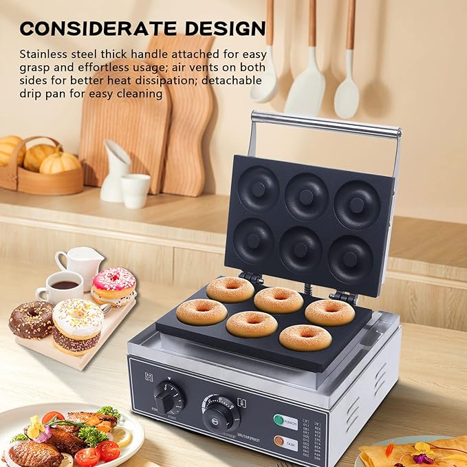 Donut Maker Machine Electric Doughnut Baker Maker Machine 110V Commercial Use Nonstick, Temperature 122-572℉,Commercial Waffle for Restaurant and Home Use (6 Holes Donut Maker)