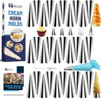 Cream Horn Molds for Baking, 38pcs Horn Forms Set, Non-stick Stainless Steel 30pcs Cone Shaped with Cleaning Brush, Piping Tip, Piping Bag, for ice Cream Cones, Puff Pastry, Baking Cones